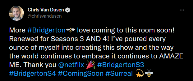 A tweet confirming seasons 3 & 4